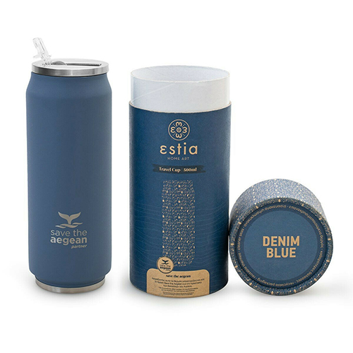 Estia Travel Cup Save The Aegean Ποτήρι Θερμός με Καλαμάκι Denim Blue 500ml 01-12076