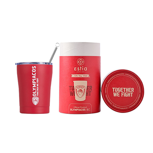 Estia Coffee Mug Olympiacos B.C. Ποτήρι Θερμός με Καλαμάκι Κόκκινο 350ml 00-13264