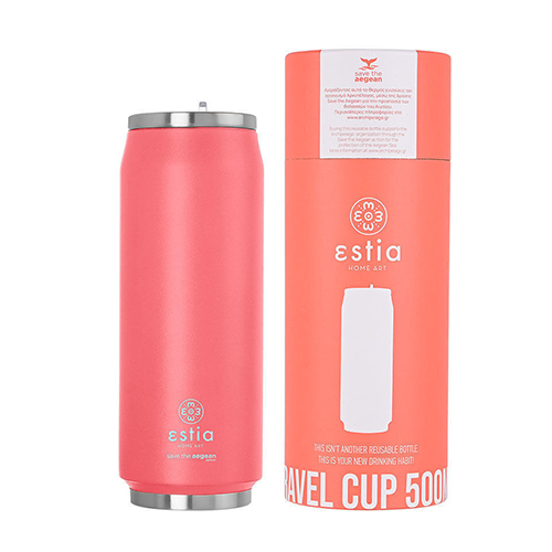 Estia Ανακυκλώσιμο Ποτήρι Θερμός Ανοξείδωτο BPA Free FUSION CORAL 500ml με Καλαμάκι