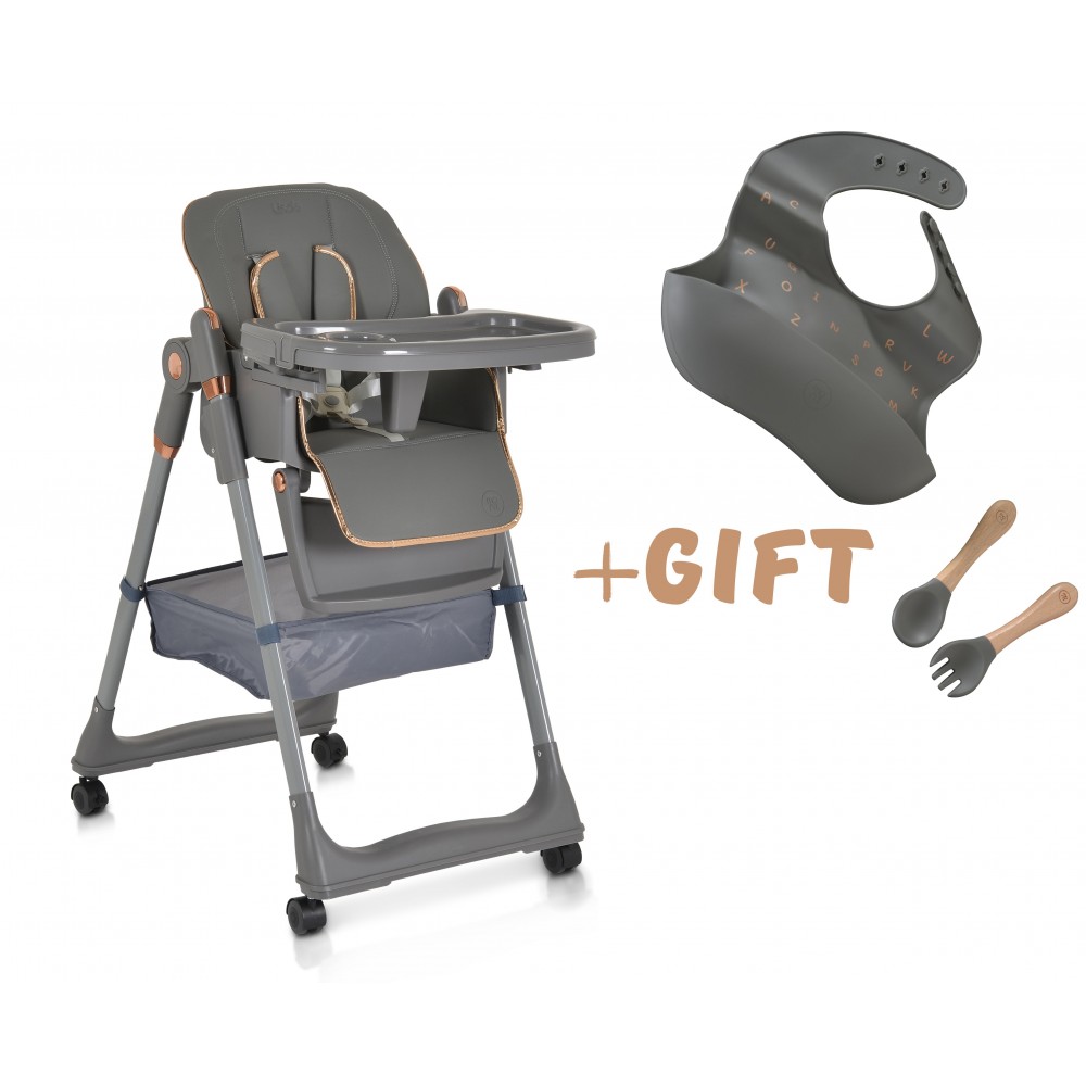 Moni Lindo Καρεκλάκι Φαγητού Grey 3801005152377 με Σετ Σαλιάρα και Κουταλοπήρουνο