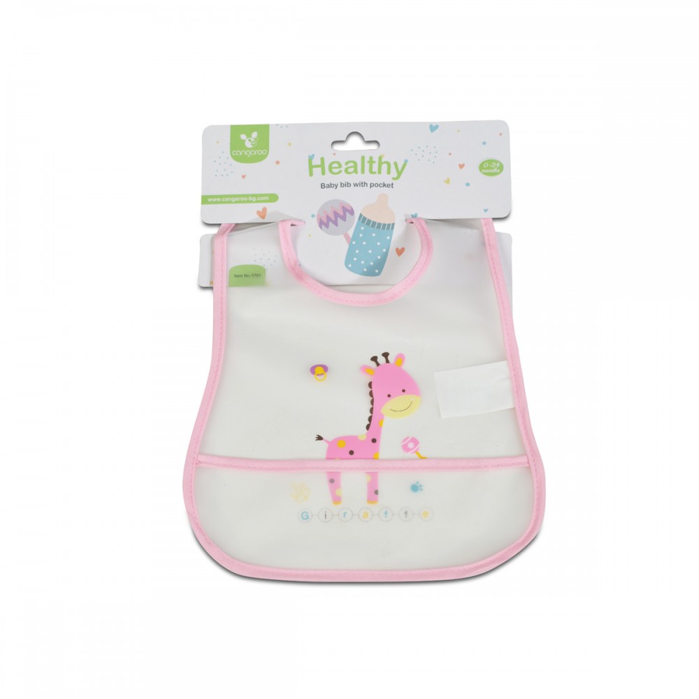 Cangaroo Αδιάβροχη Ποδιά Πλαστική Pink με Αυτοκόλλητο Baby Bib Healthy και Τσέπη 3800146266158