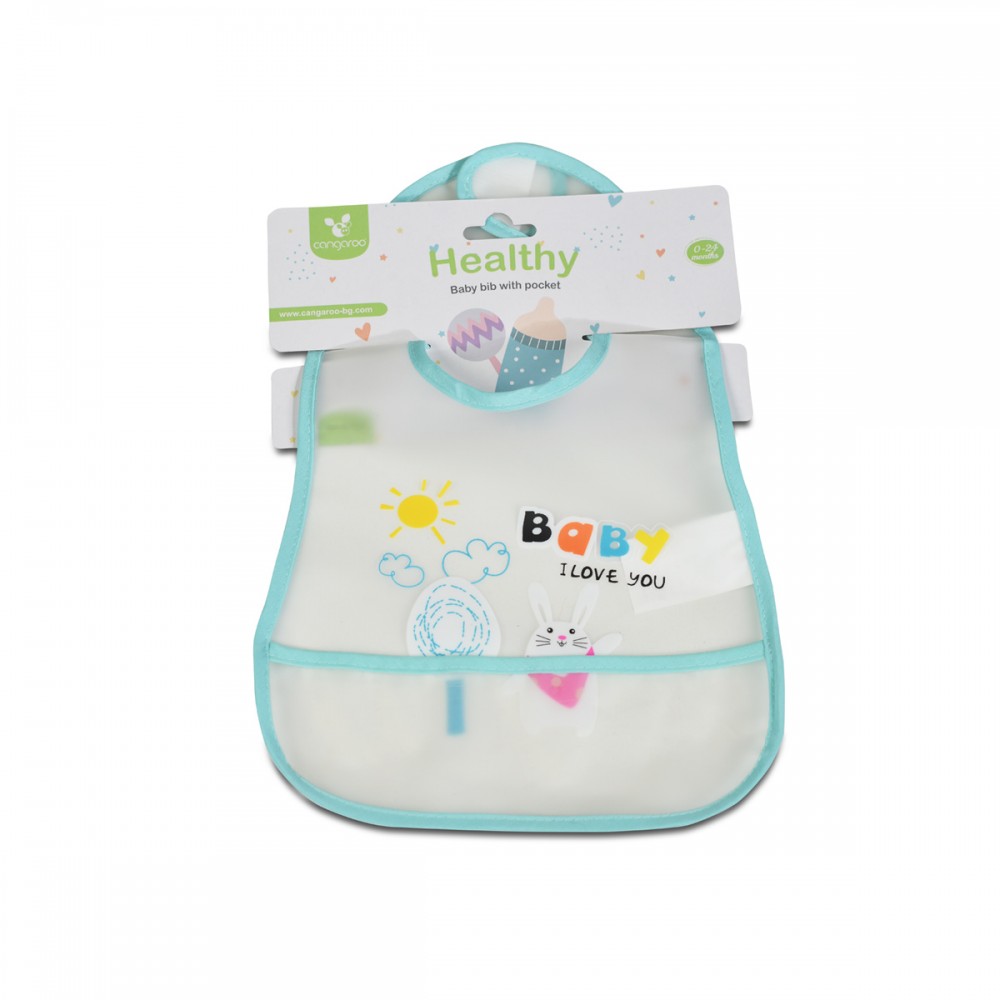 Cangaroo Αδιάβροχη Ποδιά Πλαστική Blue με Αυτοκόλλητο Baby Bib Healthy και Τσέπη 3800146266165