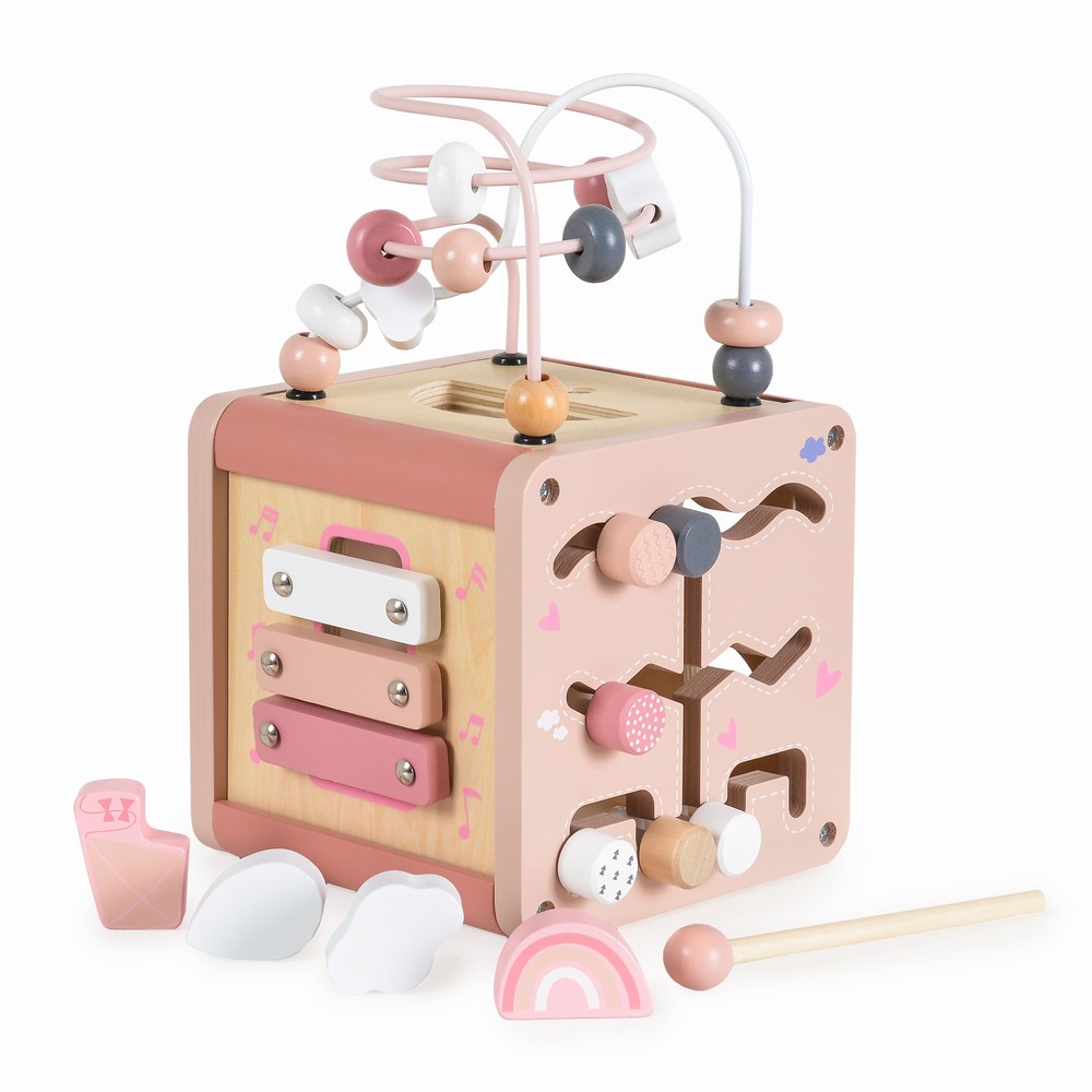112517 Moni Toys W11B316C Pink Ξύλινος Κύβος Δραστηριοτήτων με Σχήματα, Λαβύρινθο και Ξυλόφωνο 3801005602353
